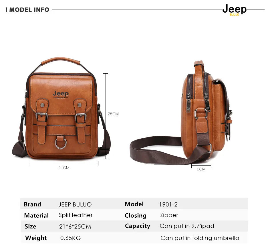 JEEP BULUO Men's Leather Messenger Bag – Large Capacity Crossbody Business Bag