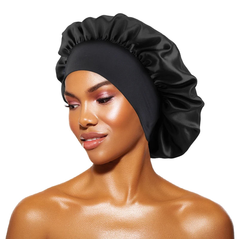 Satin Sleep Bonnet – Wide Brim Hair Cap with Elastic Band for Women & Men