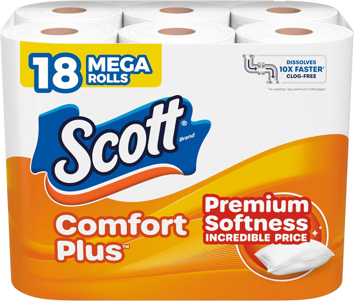 Scott Comfort Plus Toilet Paper, 1-Ply, White, , 18 Mega Rolls