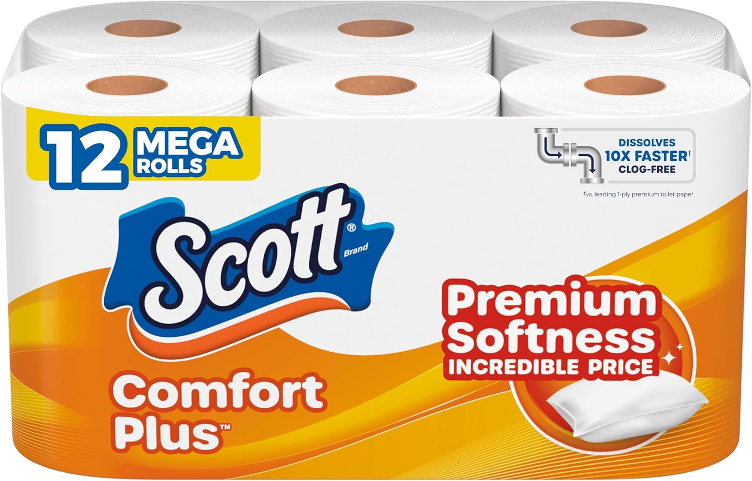 Scott ComfortPlus Toilet Paper, 12 Mega Rolls, 310 Sheets per Roll, Septic-Safe, 1-Ply Toilet Tissue