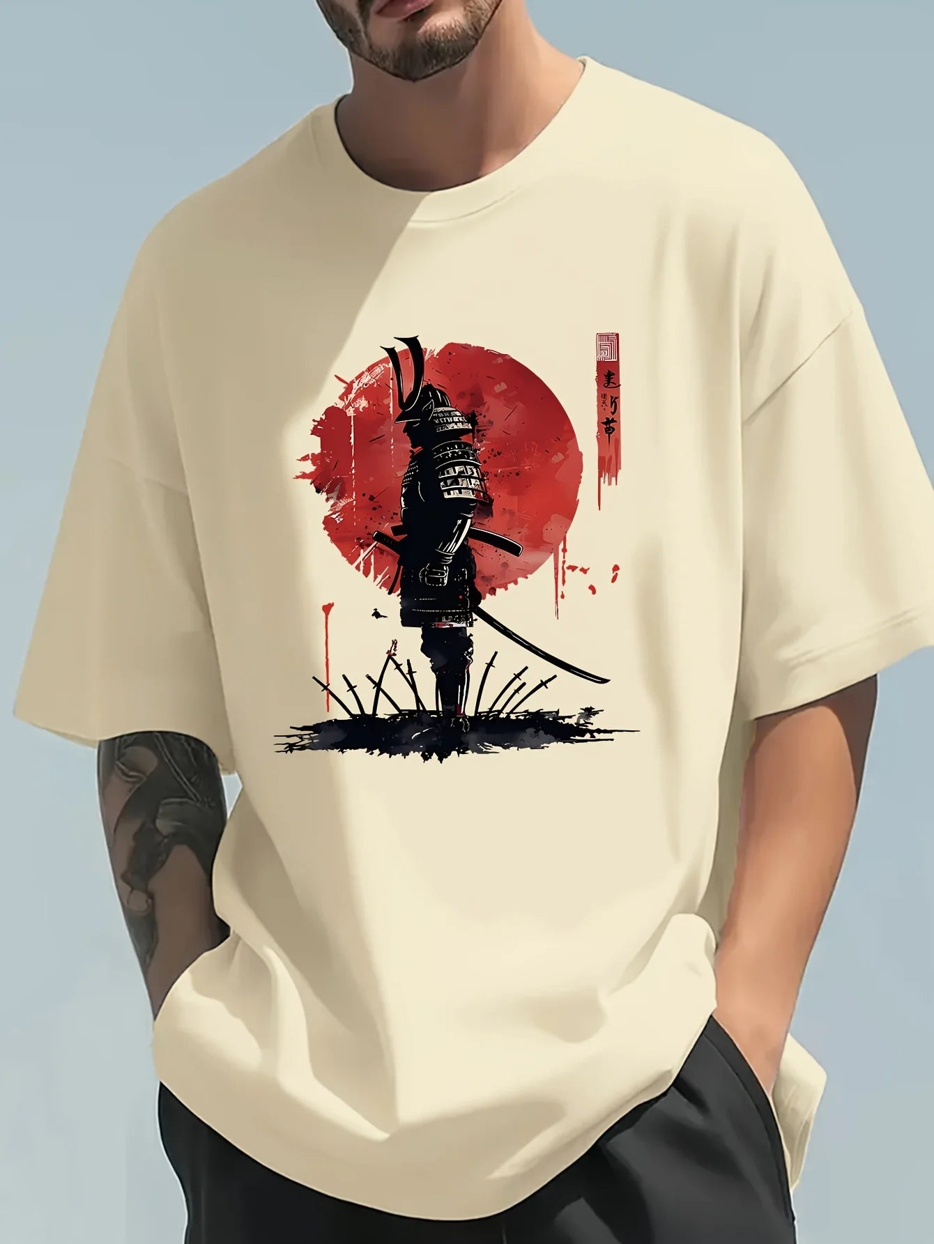 Men's Summer 100% Cotton Casual Japanese Samurai Printed T-Shirt