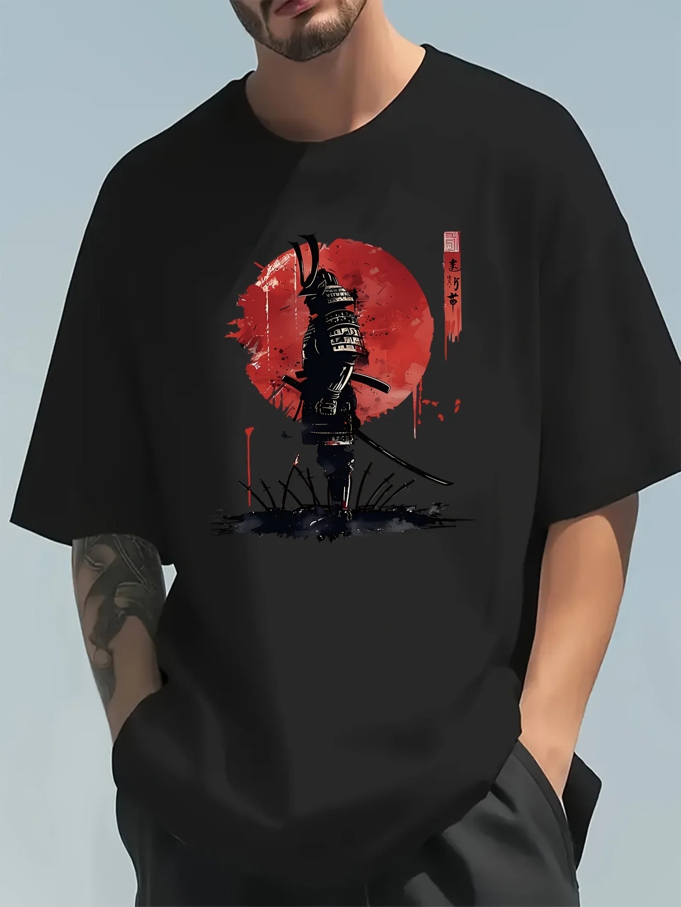 Men's Summer 100% Cotton Casual Japanese Samurai Printed T-Shirt
