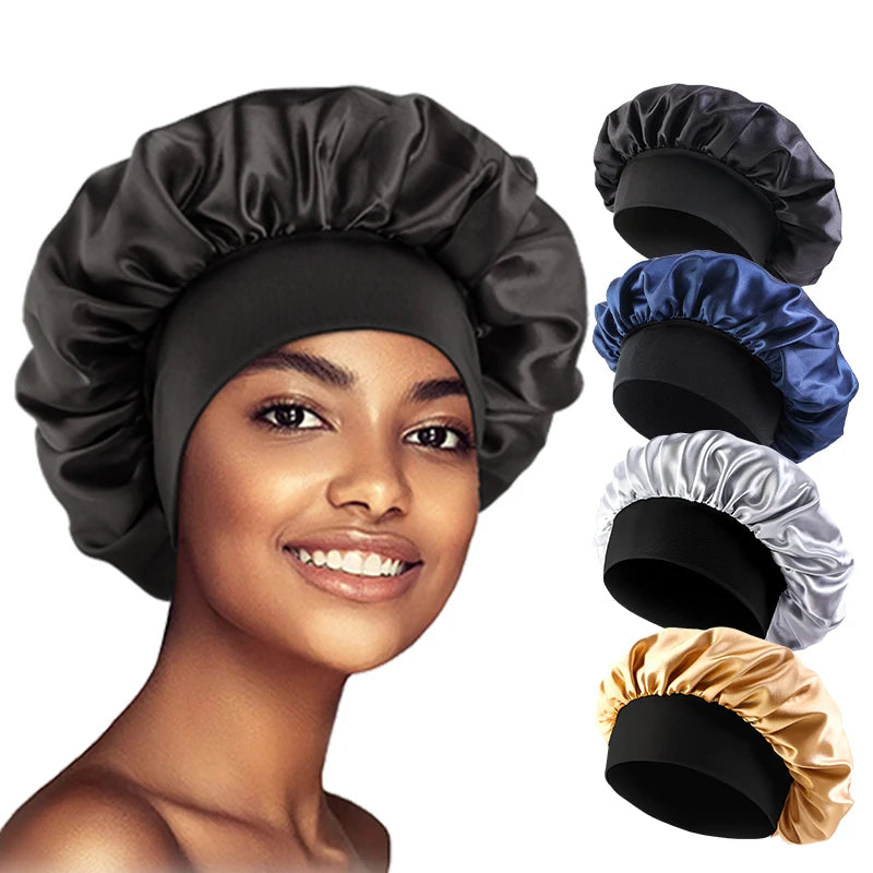 Satin Sleep Bonnet – Wide Brim Hair Cap with Elastic Band for Women & Men