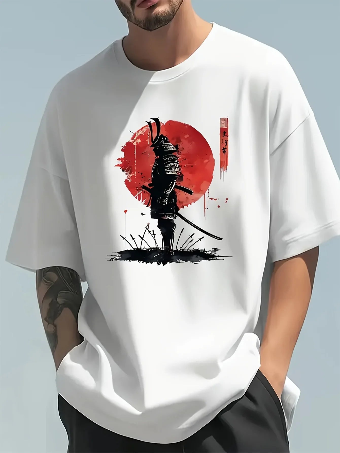 Men's Summer 100% Cotton Casual Japanese Samurai Printed T-Shirt